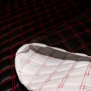 Black Double Stitch Diamond 6mm Scrim Foam Backed Fabric - Red Stitch