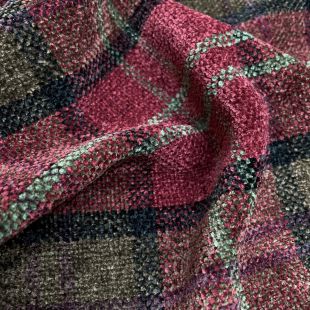 Heavy Check Tartan Chenille Upholstery Fabric - Burgundy