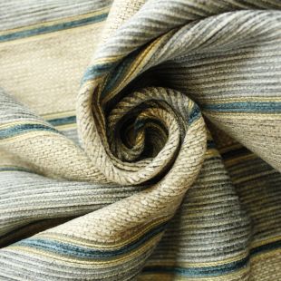 Beige Blue Slubbed Chenille Stripe Upholstery Furnishing Fabric