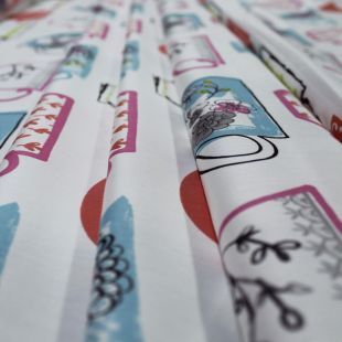 Red Blue Tea Cups Print Lightweight Fabric