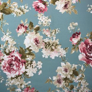 Water Repellent English Rose Duck Egg Garden Print Outdoor Canvas Fabric - Min Order 5 Metres