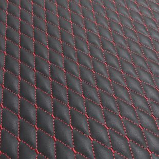 Black Small Diamond Stitch 6mm Scrim Foam Backed Leather - Black with Red Stitch