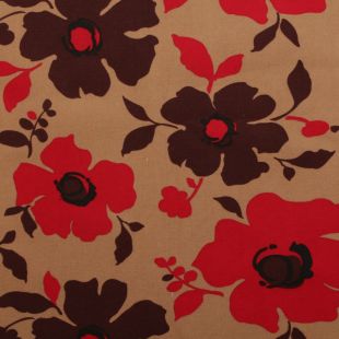 Beige & Red Floral Print Cotton Panama Fabric