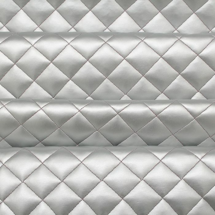 Diamond Quilted Padded Faux Leather Fabric - Silver
